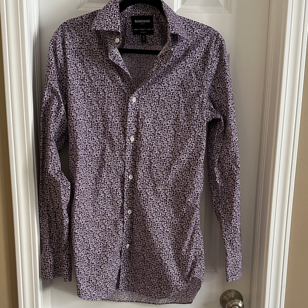 Bonobos Purple and White Button Down Dress Floral Shirt Tailored Fit 15 34